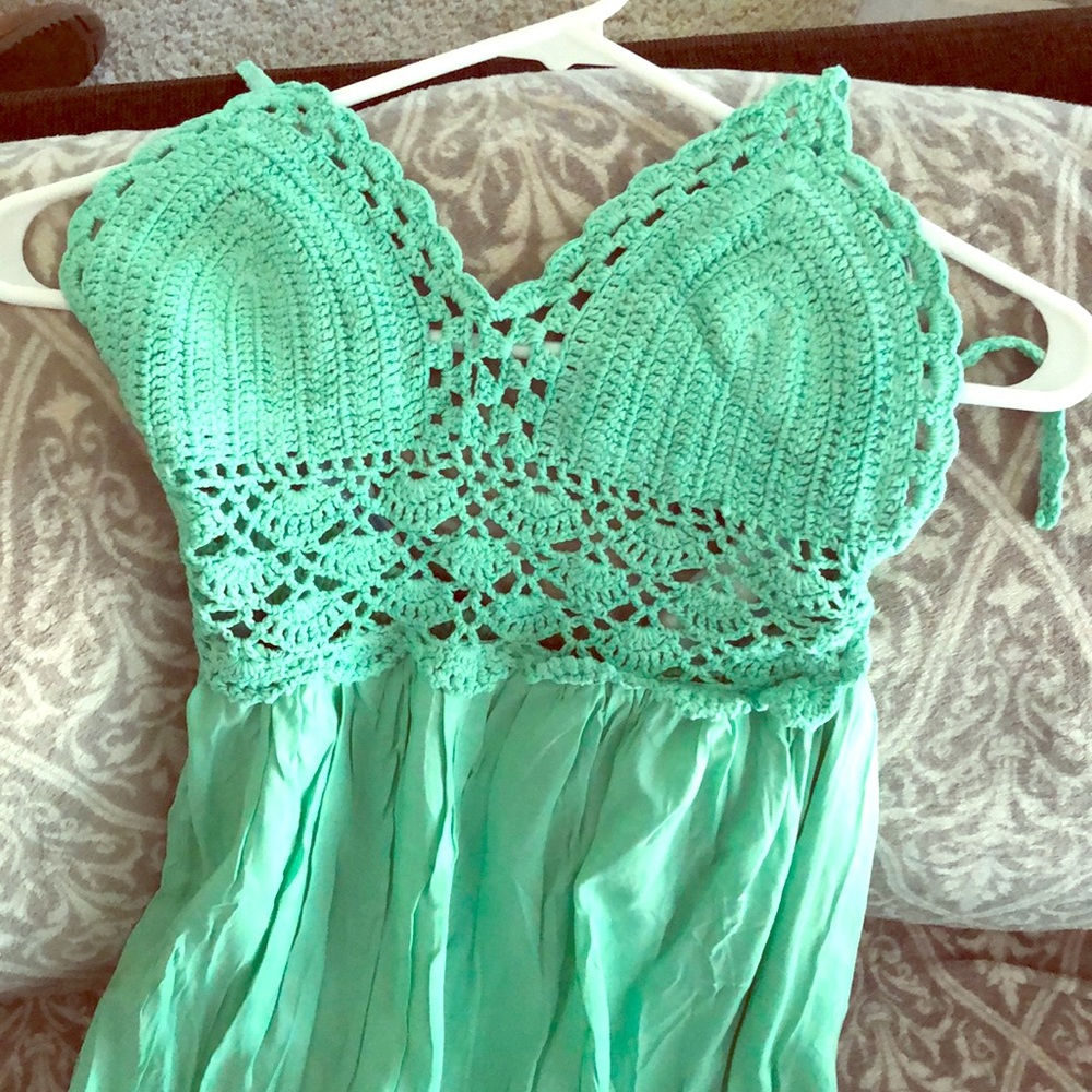 Long teal crochet halter dress